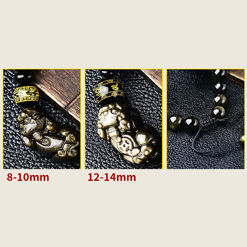 Gold Sheen Obsidian PiXiu Bracelet – Size comparison panels showing 8-10mm and 12-14mm beads
