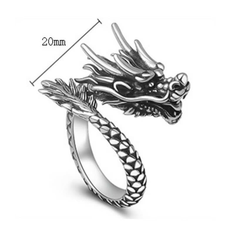 Sterling Silver Dragon Ring - white background with 20mm dimension, horn span highlighted, precise