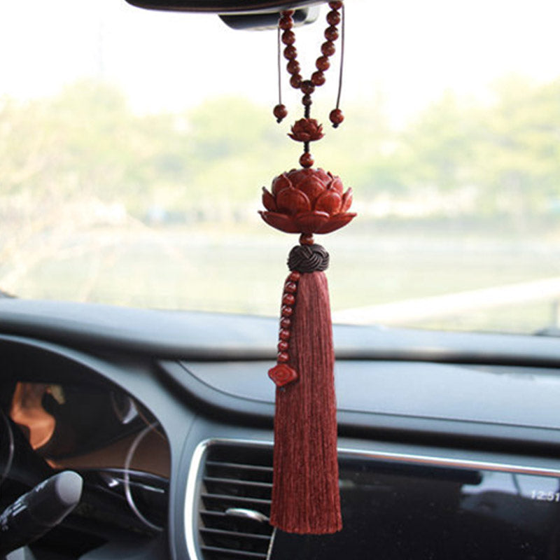 Red Sandalwood Lotus Tassel - cinnabar red lotus with beaded chain in car, detailed carving