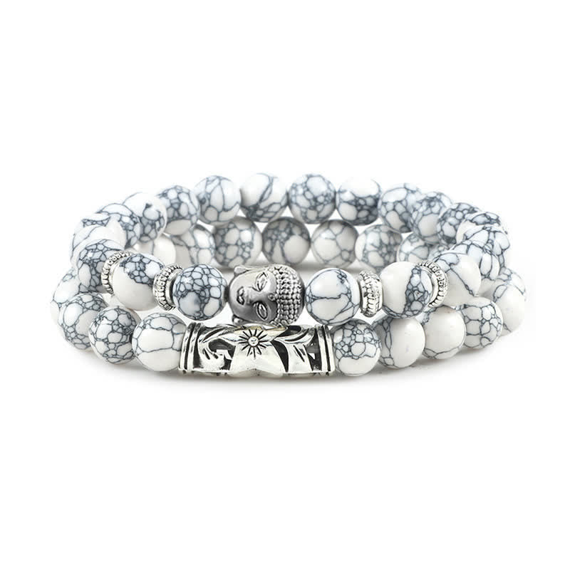 Tiger Eye Bracelet – White crackle turquoise beads with silver Buddha charm front view, boho jewelry
