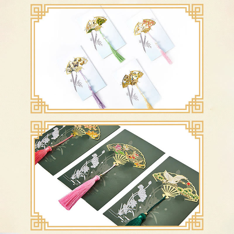 Brass Hollow Fan Bookmark - Multiple floral designs with colorful tassels on print cards, versatile