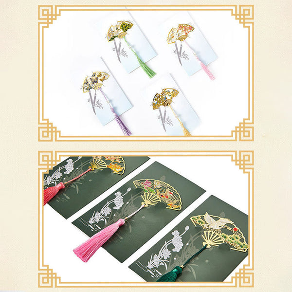 Brass Hollow Fan Bookmark - Multiple floral designs with colorful tassels on print cards, versatile