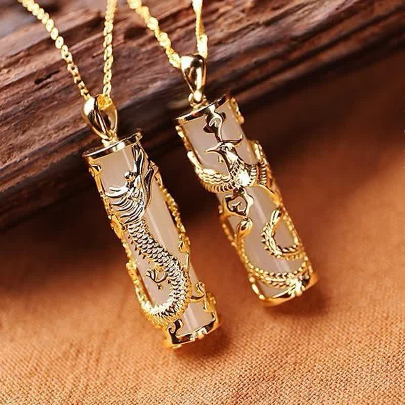 Jade Dragon Phoenix Copper Pendant – Gold dragon phoenix pendants with translucent stone cores, meaningful