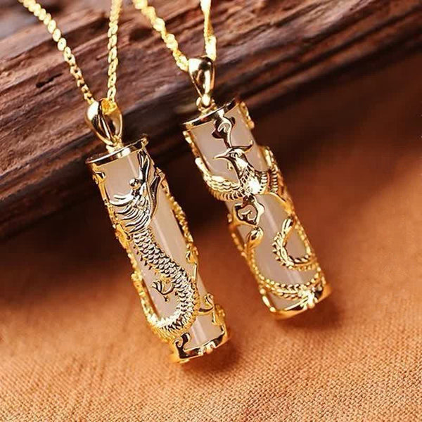 Jade Dragon Phoenix Copper Pendant – Gold dragon phoenix pendants with translucent stone cores, meaningful