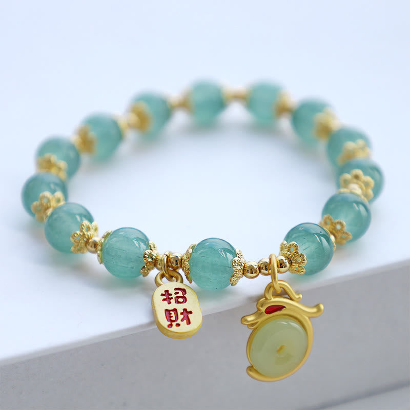 Red Agate Aventurine Dragon Bracelet – Green aventurine beads with gold wealth charm on white, Prosperous