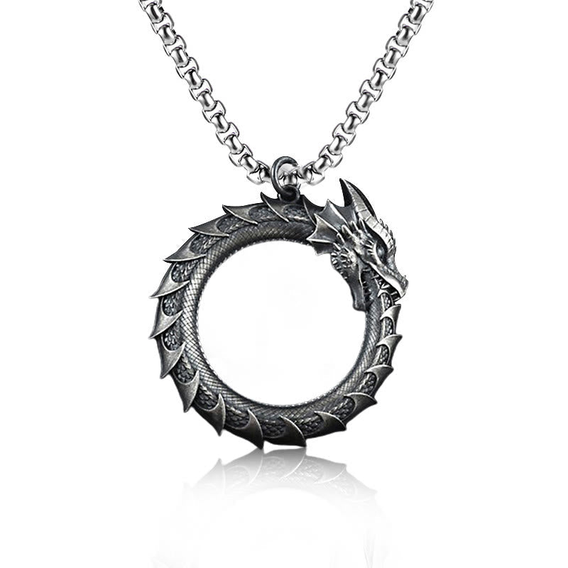 Pure Tin Dragon Snake Necklace - Serrated dragon ring on white with box chain, bold protective charm