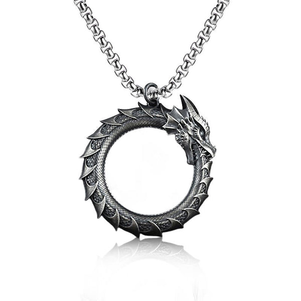 Pure Tin Dragon Snake Necklace - Serrated dragon ring on white with box chain, bold protective charm