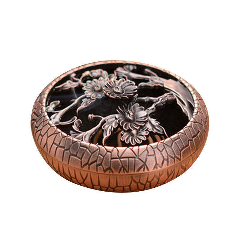 Plum Incense Burner - Copper bowl with chrysanthemum relief and cracked texture rim, bronze incense burner