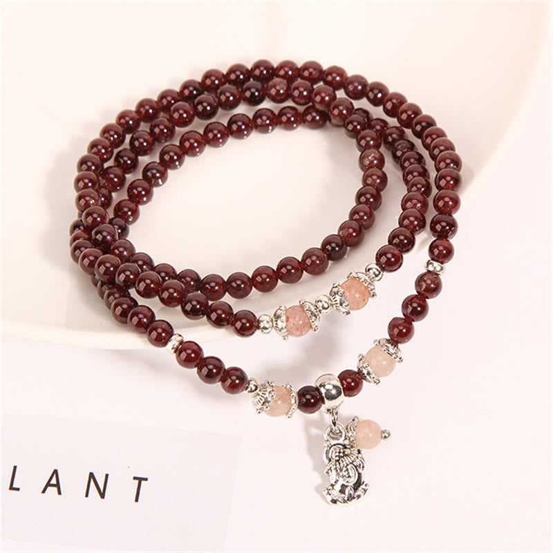 Garnet Strawberry Quartz Green Beans PiXiu Wrap Bracelet – garnet wrap with silver PiXiu charm on white, protection
