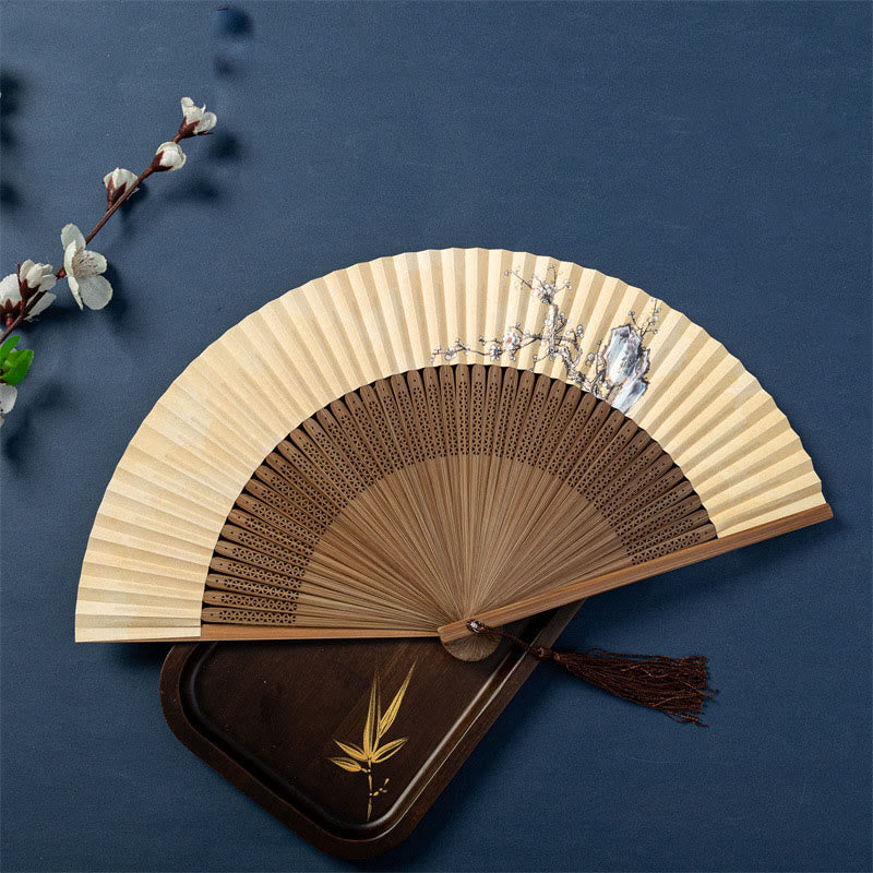 Lotus Dragonfly Wild Geese Silk Bamboo Folding Fan - plum blossom and scholar rock painting, gold tassel on tray
