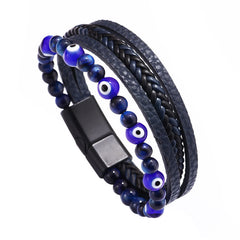 Evil Eye Tiger Eye Bracelet – Navy blue beaded multi-strand leather bracelet with evil eye, white background