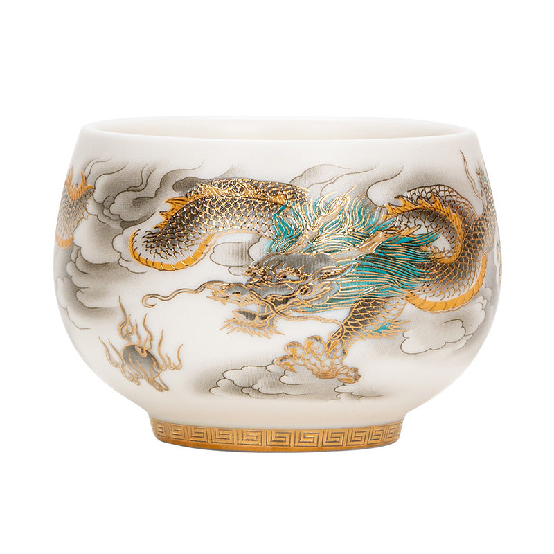 Dragon Phoenix Clouds Ceramic Teacup Gift Set – White studio, gold-scaled dragon with turquoise mane, Greek key base