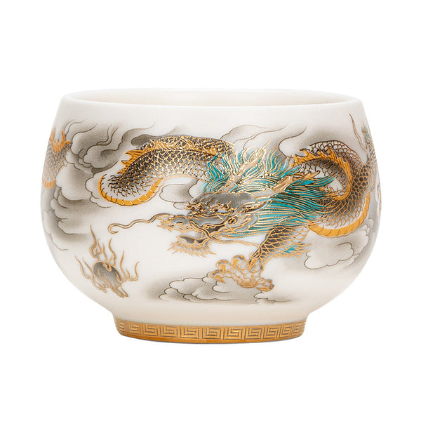Dragon Phoenix Clouds Ceramic Teacup Gift Set – White studio, gold-scaled dragon with turquoise mane, Greek key base