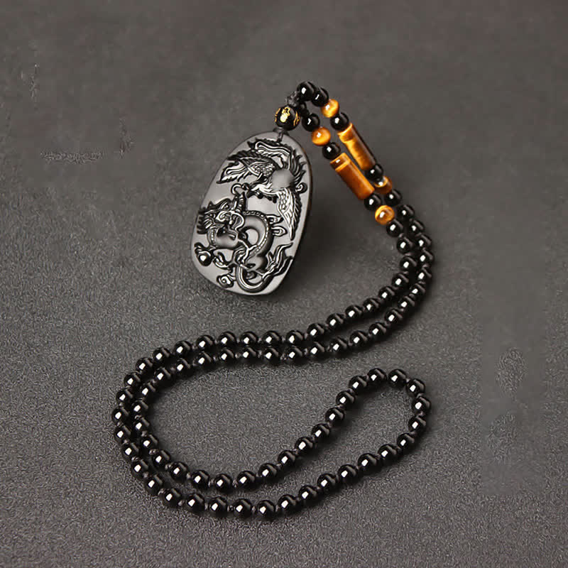 Black Obsidian Tiger Eye Dragon Phoenix Necklace – obsidian dragon pendant with amber beads and gold spacers, elegant