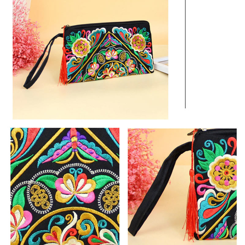 Dragon Butterfly Embroidery Wallet - Triptych with full view and embroidery detail, Exquisite