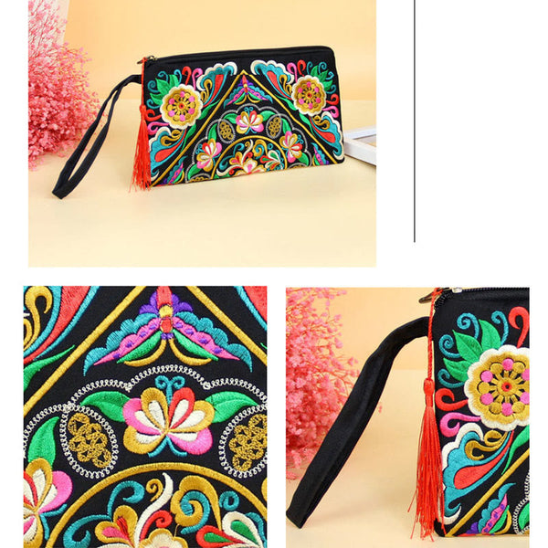 Dragon Butterfly Embroidery Wallet - Triptych with full view and embroidery detail, Exquisite