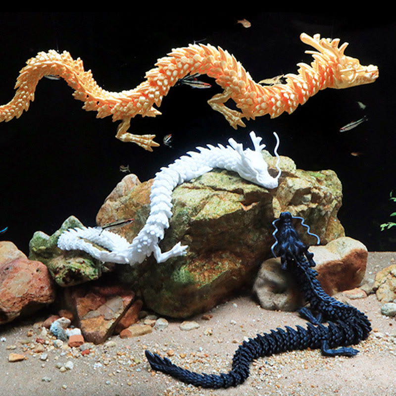 Feng Shui 3D Dragon - Orange white and navy poseable dragons in aquarium with tetra fish, success decor