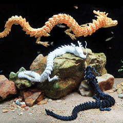 Feng Shui 3D Dragon - Orange white and navy poseable dragons in aquarium with tetra fish, success decor