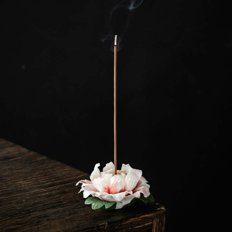 Ceramic Lotus Incense Burner – White peony with lit incense, Tranquil