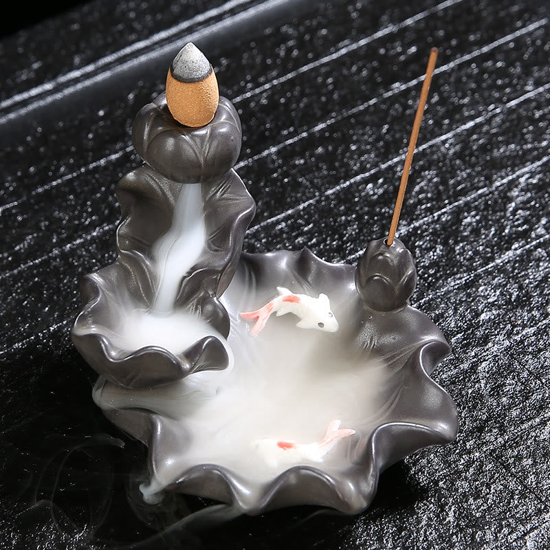 Koi Fish Purple Clay Incense Burner – backflow incense smoke cascading waterfall, zen decor ornament
