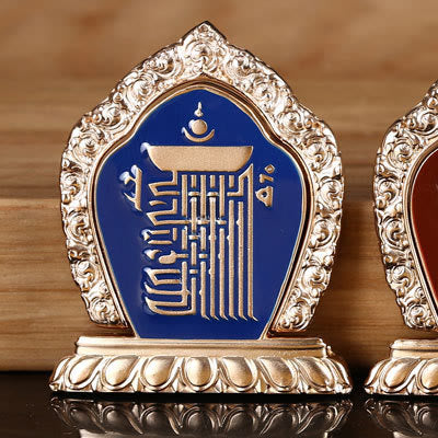 Om Mani Padme Hum Phone Ring Holder – Gold Tibetan plaque with blue enamel calligraphy, Buddhist altar art