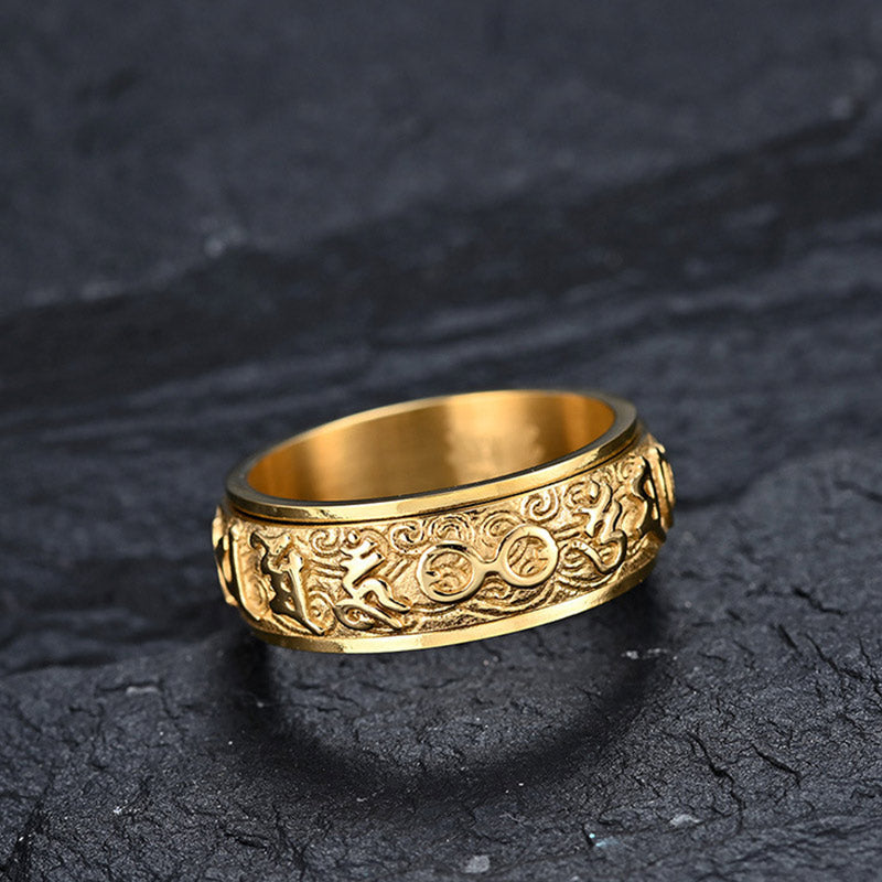 Om Mani Padme Hum Ring – gold-plated spinner with engraved Chinese mantra on dark stone, Zen men's ring