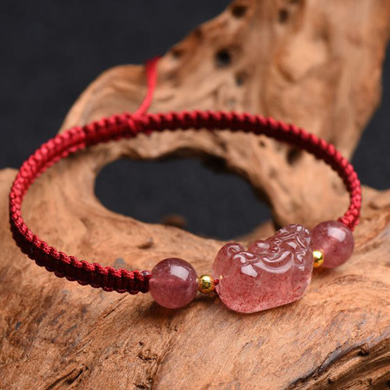 Strawberry Quartz PiXiu Red Bracelet – natural wood piece, red cord pink strawberry quartz PiXiu, love luck