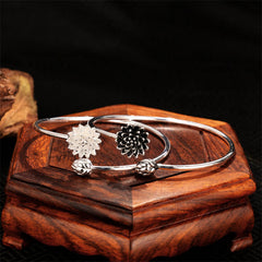 White Copper Lotus Enlightenment Bangle - silver and oxidized duo on wood, rebirth