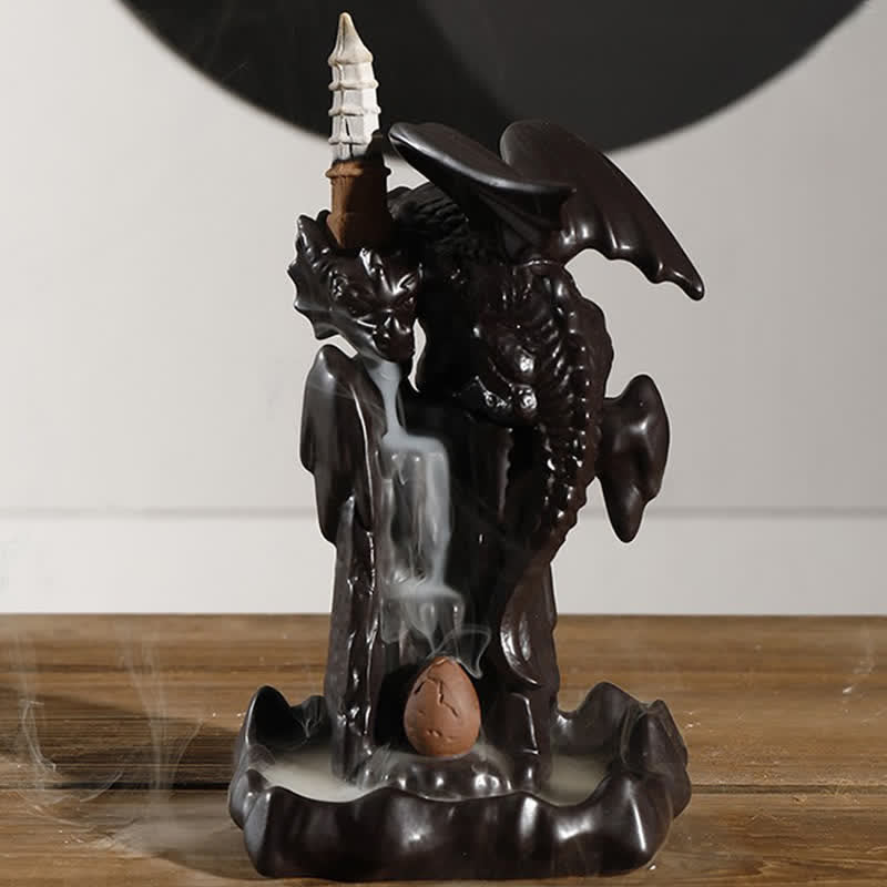 Nordic Dragon Backflow Incense Burner with pagoda tower and active smoke cascade, dark ceramic dragon, backflow incense