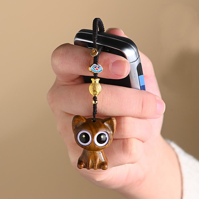 Green Sandalwood Phone Charm – lucky cat belly detail, koi fish fin, sandalwood bead
