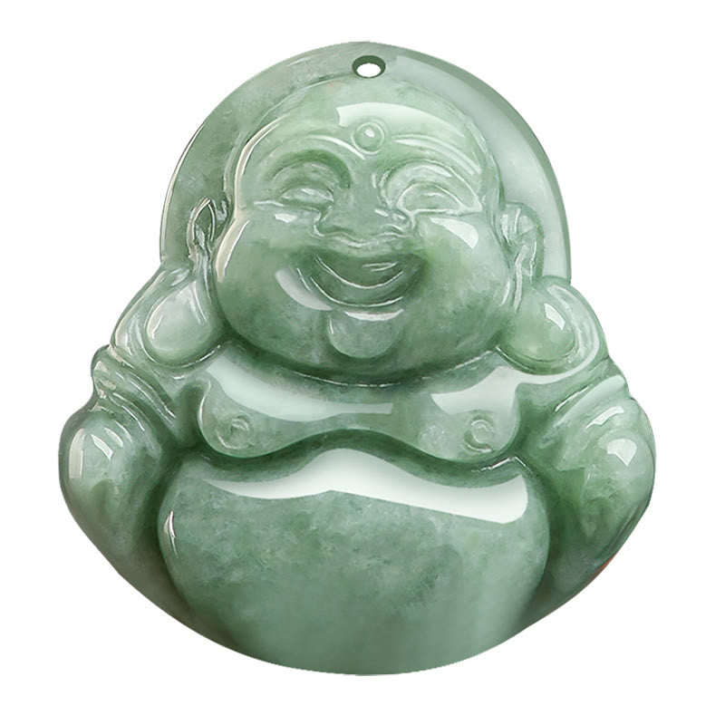 Green Jade Laughing Buddha Pendant - white background isolation shot showing carved jade face and belly detail, Peaceful