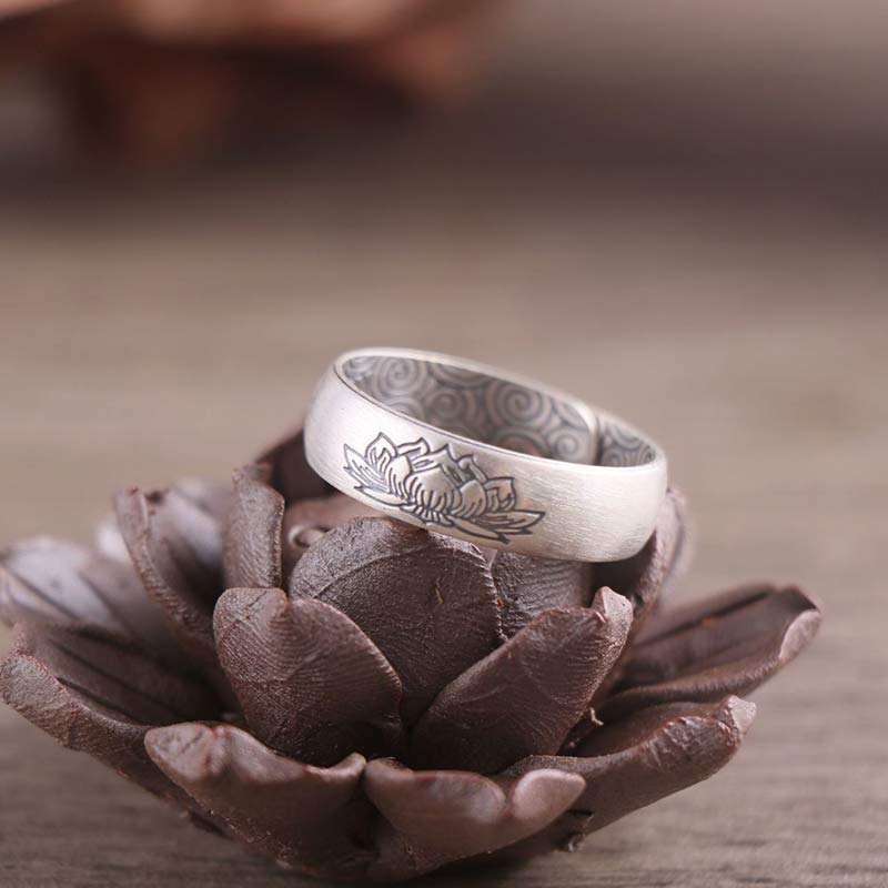 Sterling Silver Lotus Ring - etched flower on dried botanical, warm bokeh, handmade