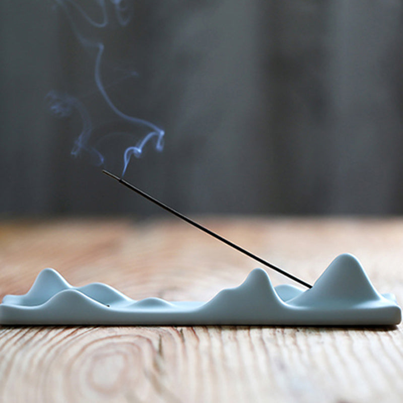 Mountain Cloud Holder – Celadon ceramic with lit incense and rising smoke, tranquil