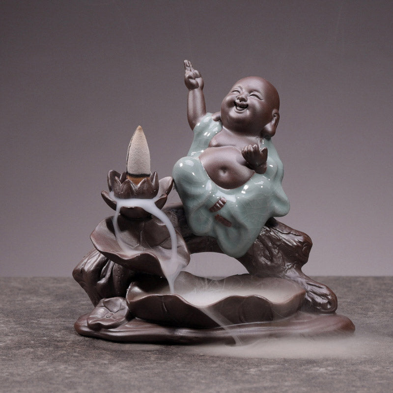 Little Monk Ceramic Incense Burner - Monk figurine incense holder with flowing smoke, zen Buddhist altar decor