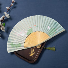 Lotus Begonia Jasmine Handheld Bamboo Folding Fan - lotus pond with koi fish on sage green silk, jade tassel