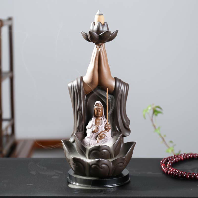 Buddha Lotus Incense Burner – Ceramic backflow burner with Guanyin in lotus base, Zen decor