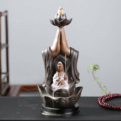 Buddha Lotus Incense Burner – Ceramic backflow burner with Guanyin in lotus base, Zen decor