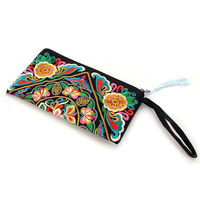 Dragon Butterfly Embroidery Wallet - 3/4 top-down on white, floral motifs, blue tassel, Clean