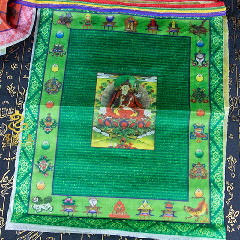 Tibetan Prayer Flag 5 Colors Windhorse Outdoor – Bright colored flags on white string against blue sky, outdoor shrine
