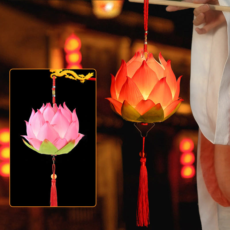 DIY Lotus Dragon Lantern Tassel Lamp – Golden lotus lantern with dragon detail in festival street, Traditional warmth