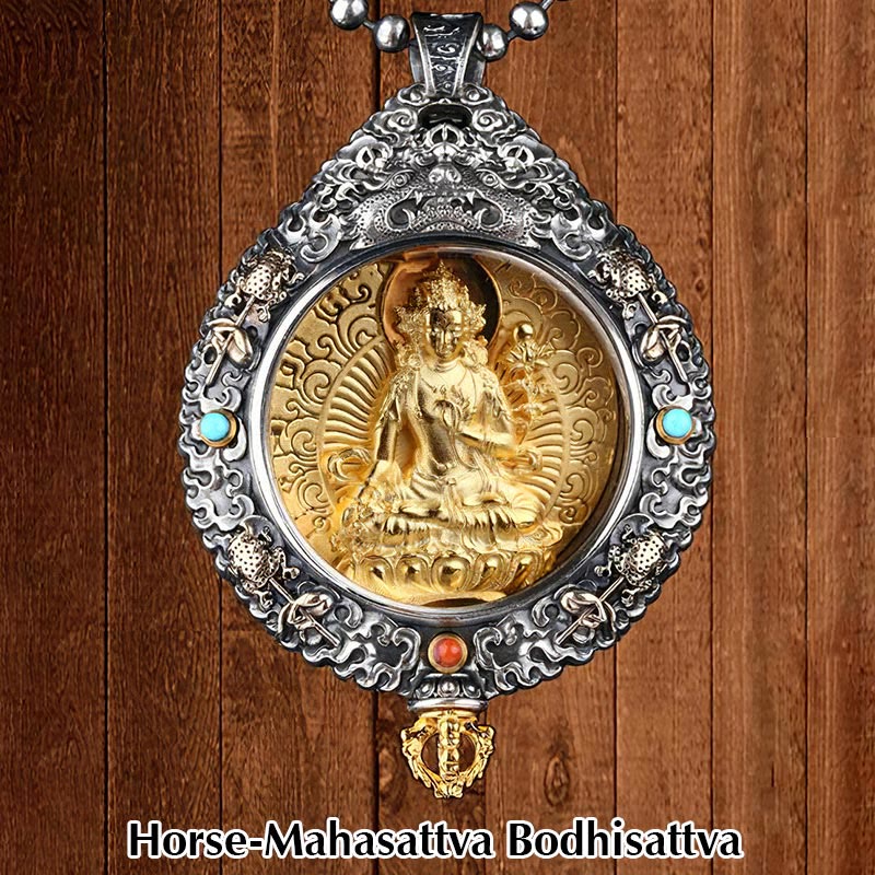 Zodiac Buddha Thangka Wealth Rotatable Pendant – Horse Mahasattva Bodhisattva front view on wooden panel, fortune