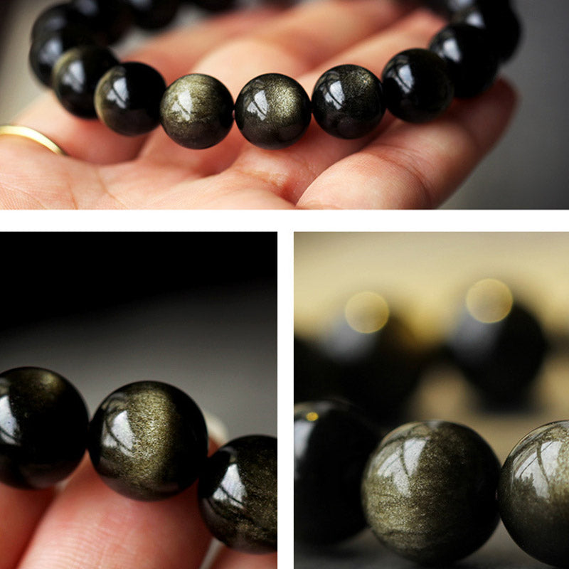 Zodiac Natal Buddha Obsidian Silver Bracelet - Three-panel display on palm, macro detail, bokeh