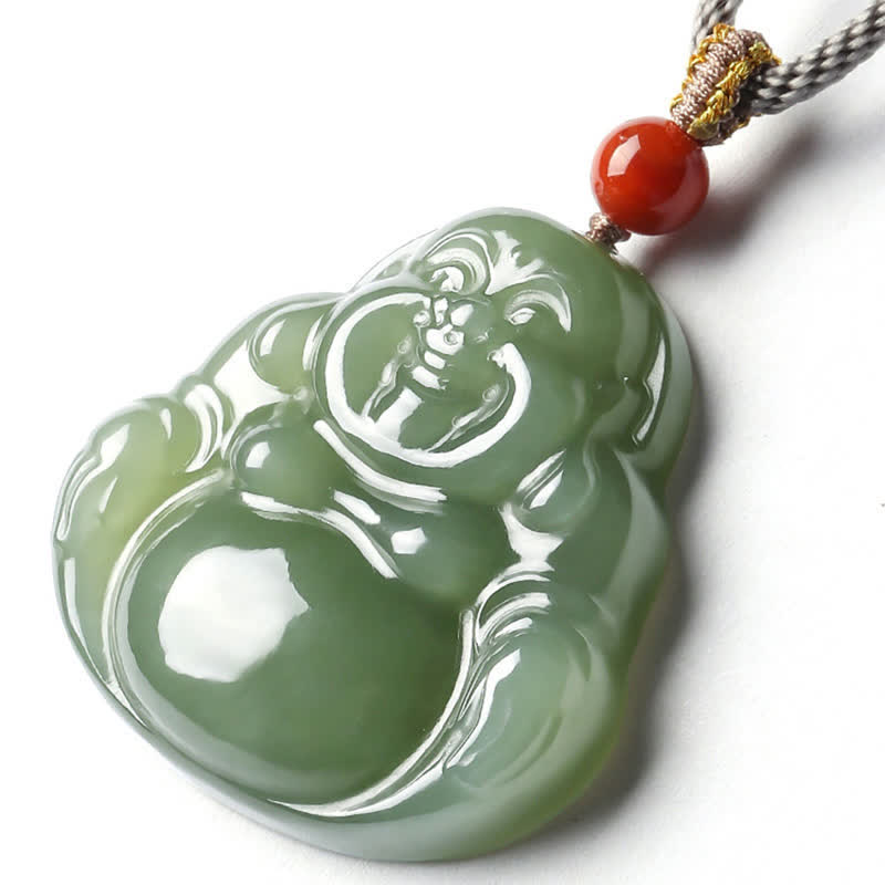 Hetian Jade Laughing Buddha Abundance String Necklace Pendant – red gift envelope gold character, Chinese New Year gift