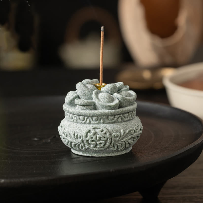 Fu Character Sandstone Incense Burner – lotus lid with incense on dark wood stand, sandstone incense burner