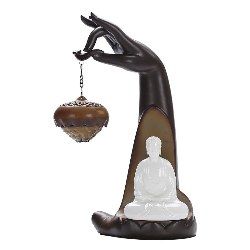 LED Buddha Hand Backflow Burner - white background product shot with lotus censer