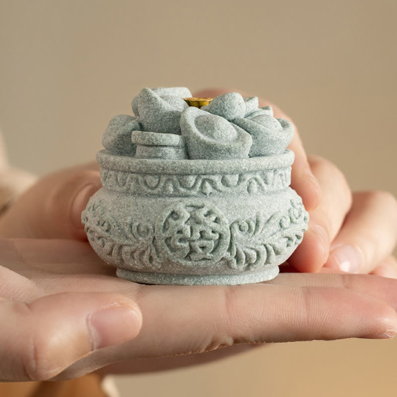 Fu Character Sandstone Incense Burner – held in hands showing fa character carving, sandstone incense burner