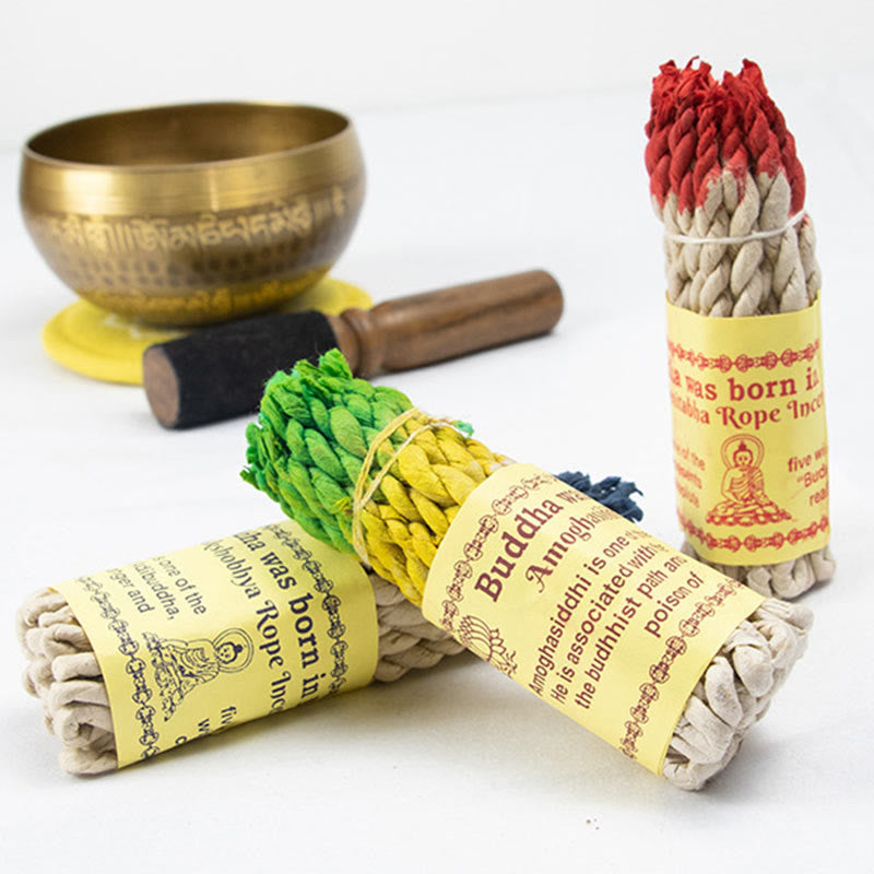 Nepal Rope Incense - colored bundles with brass singing bowl, meditative