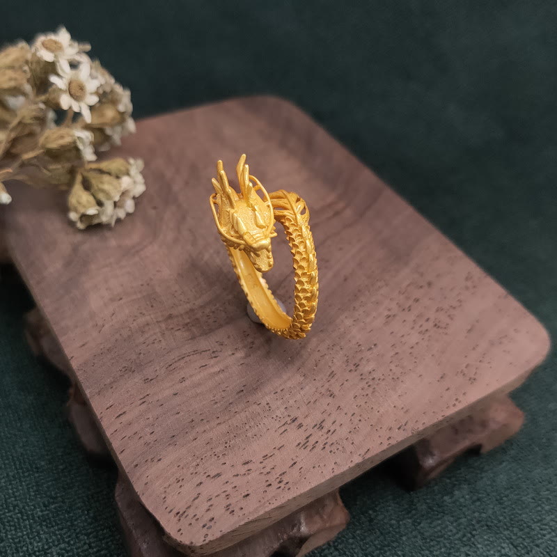 Golden Dragon Success Strength Ring - sculptural dragon head with branching horns, adjustable band