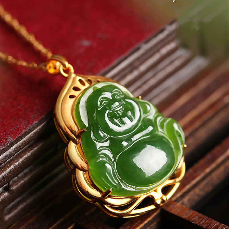 925 Silver Hetian Cyan Jade Laughing Buddha 18K Gold Necklace – Hetian jade carving smooth texture, precious stone pendant