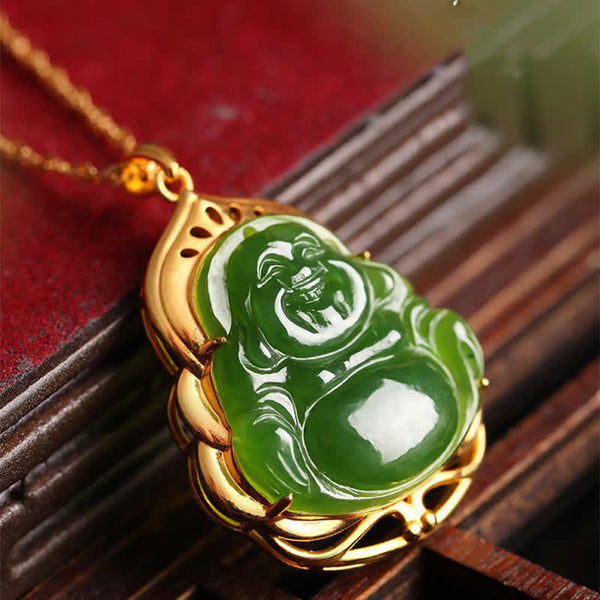 925 Silver Hetian Cyan Jade Laughing Buddha 18K Gold Necklace – Hetian jade carving smooth texture, precious stone pendant